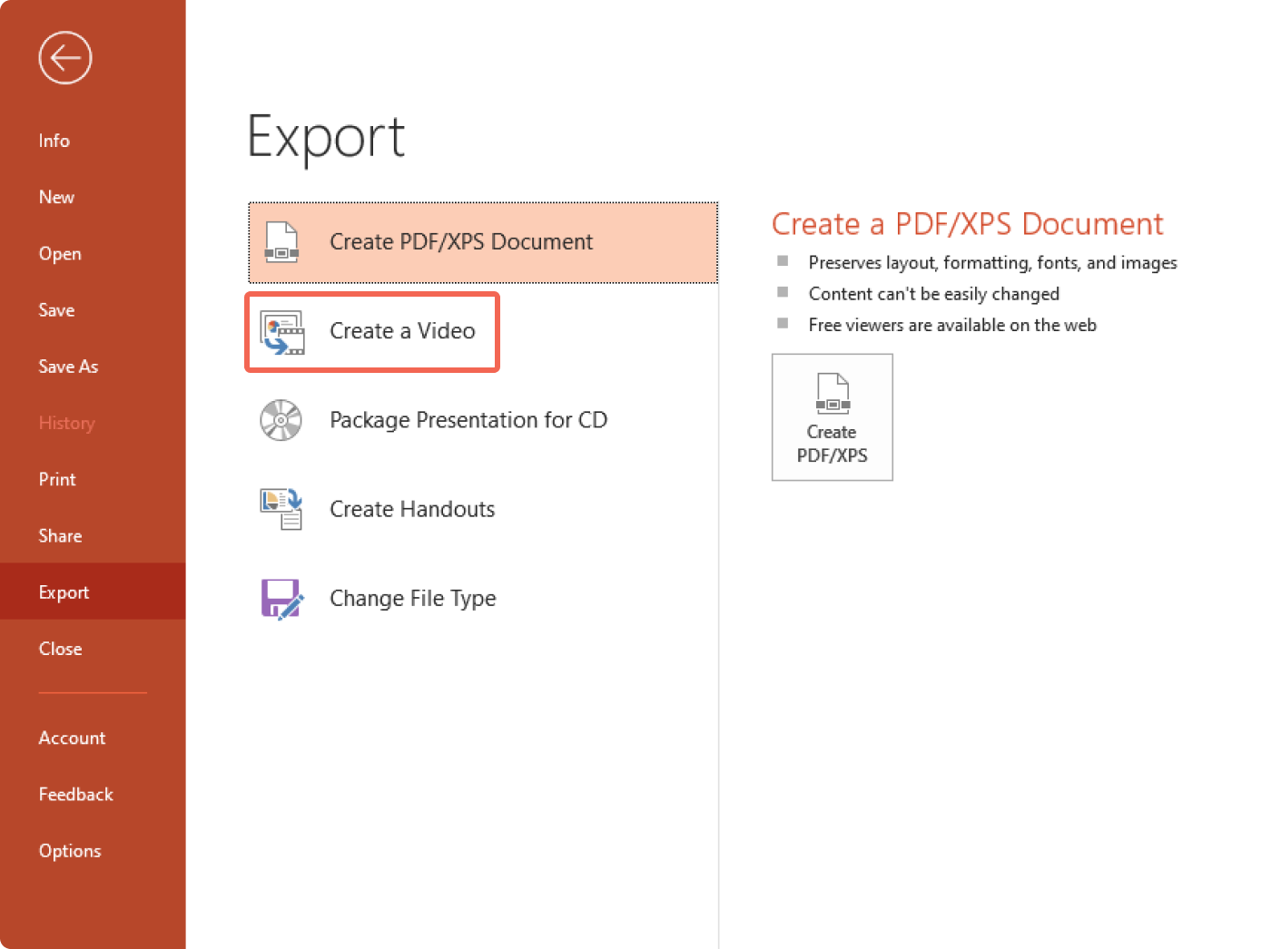 The Create a Video option in PowerPoint
