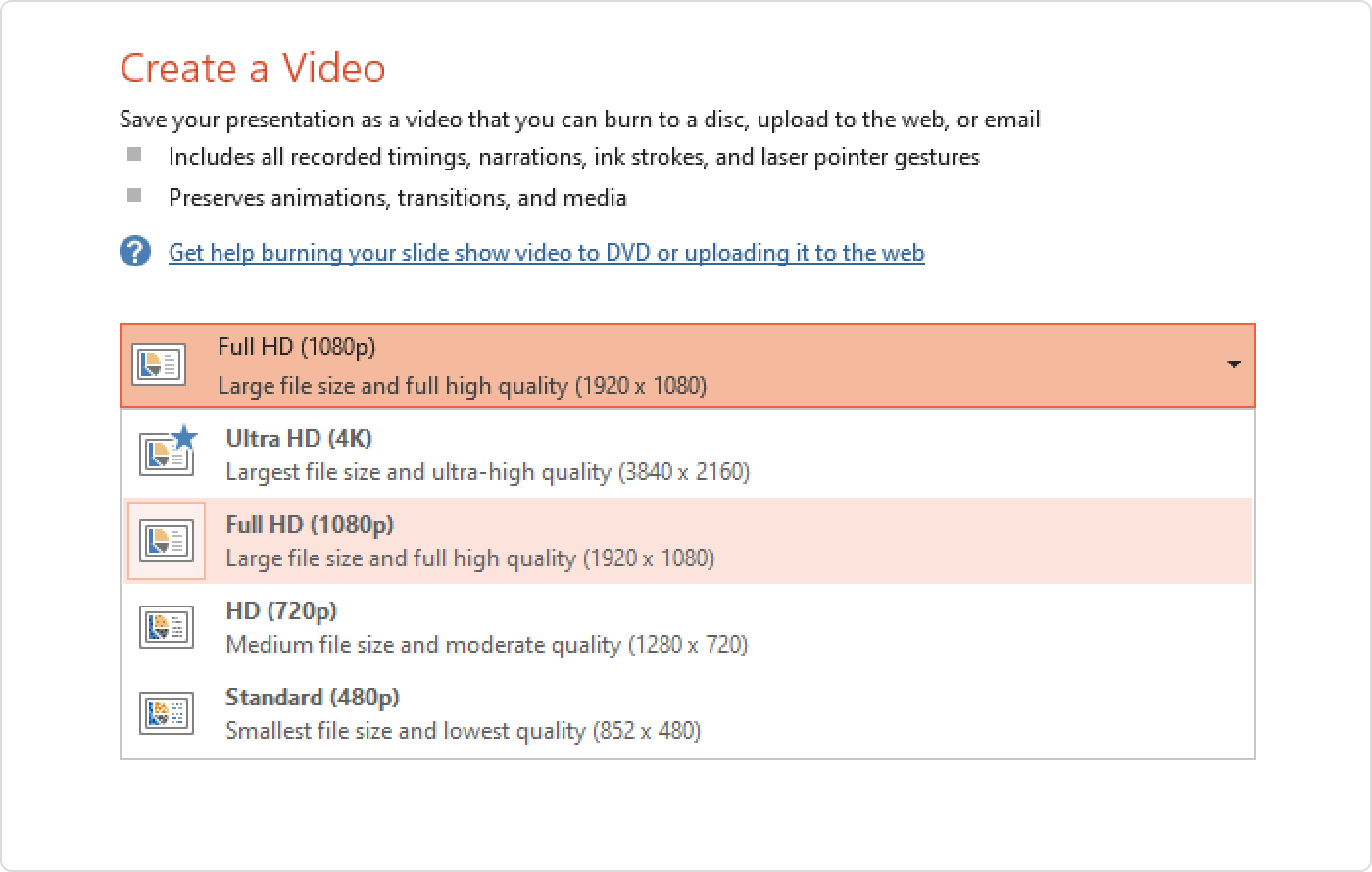 Selecting video quality in PowerPoint