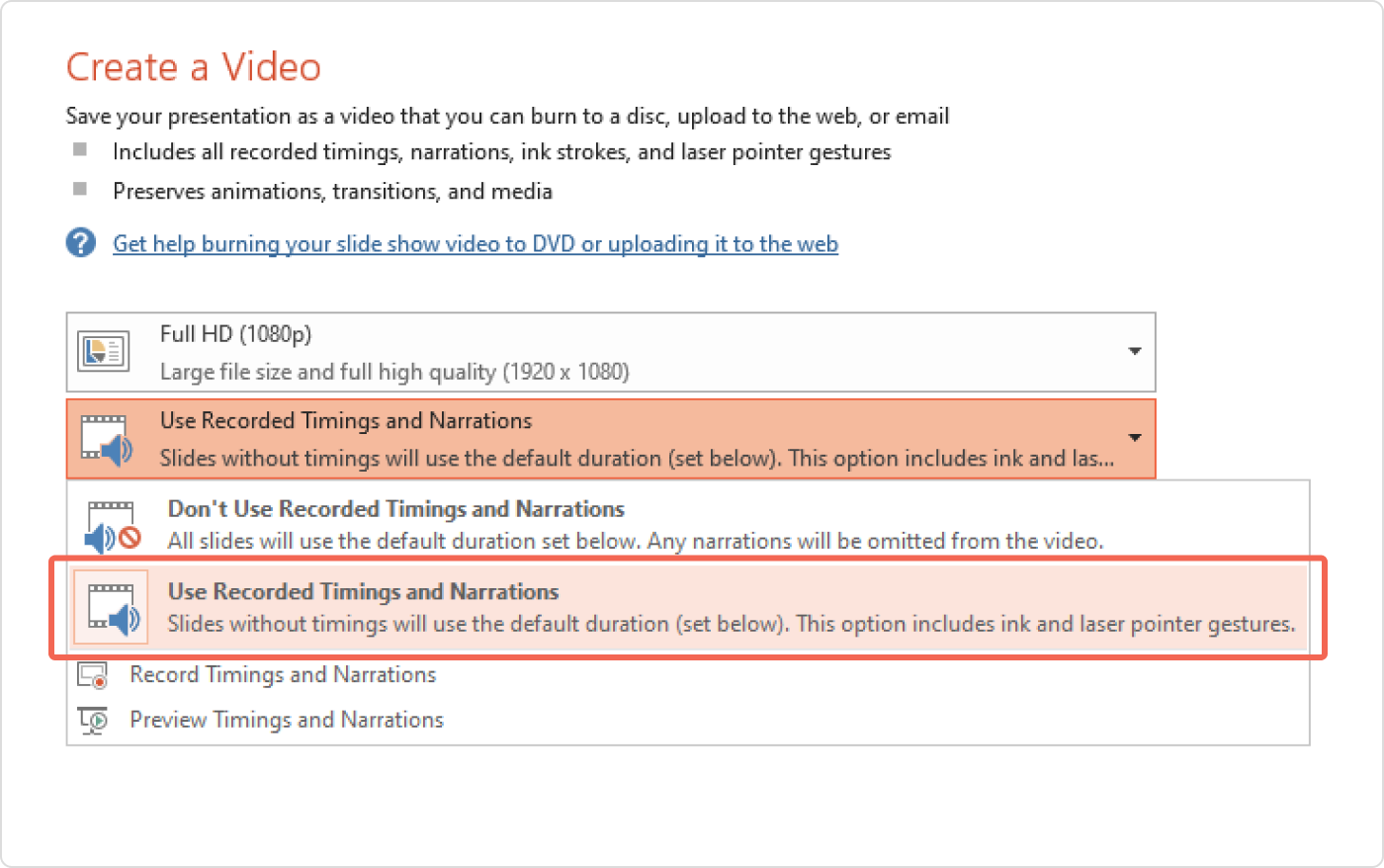 PowerPoint timing and narration options