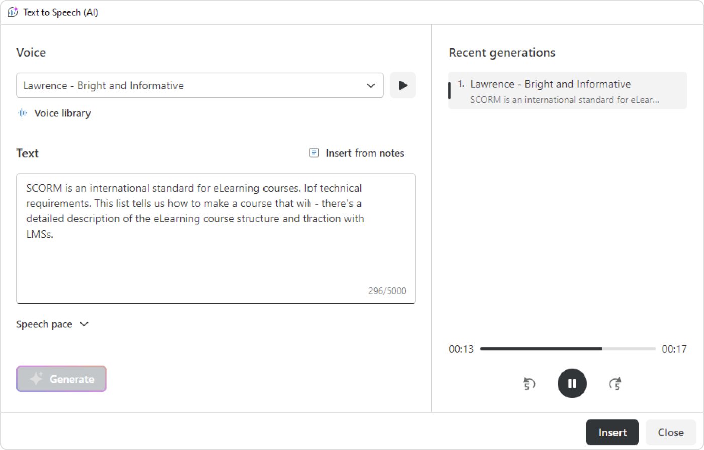 iSpring Suite AI text-to-speech option