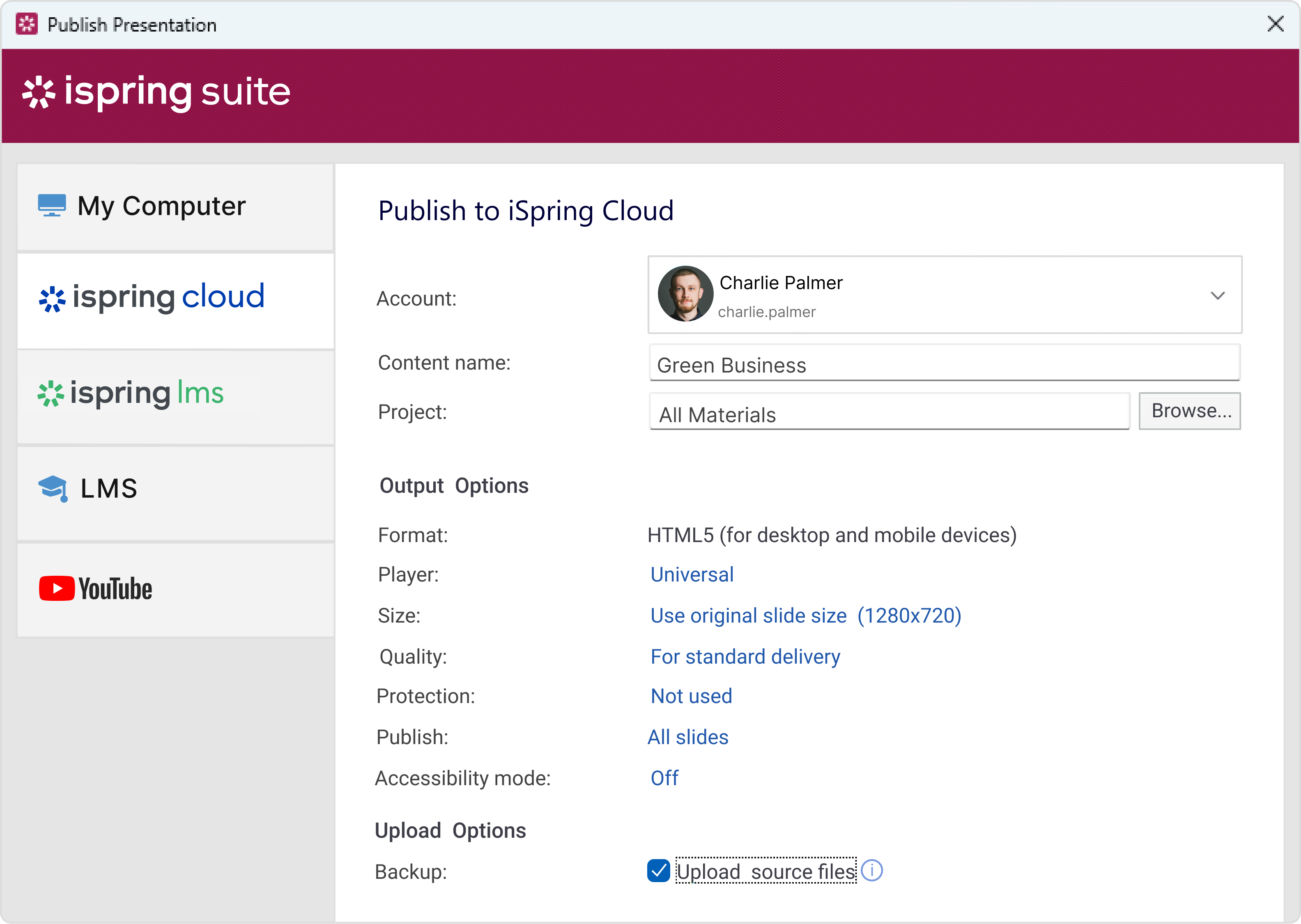 iSpring Suite publishing options