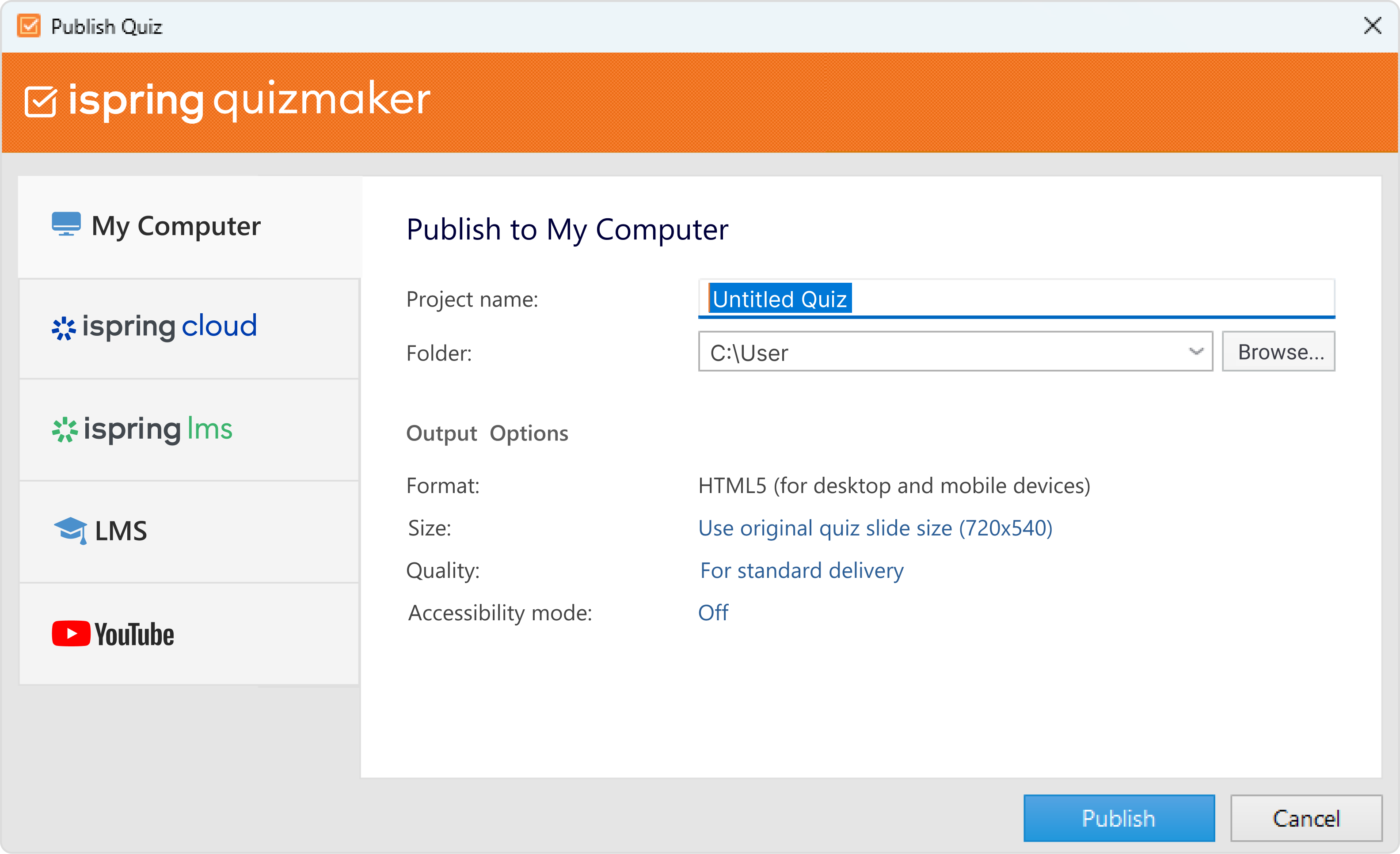 Publishing a quiz in iSpring QuizMaker