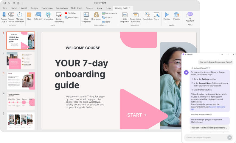iSpring Suite AI PowerPoint interface showing an onboarding course and AI assistant