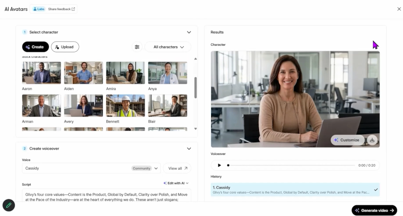 The Articulate 360 AI Avatars interface for selecting a character and generating a video