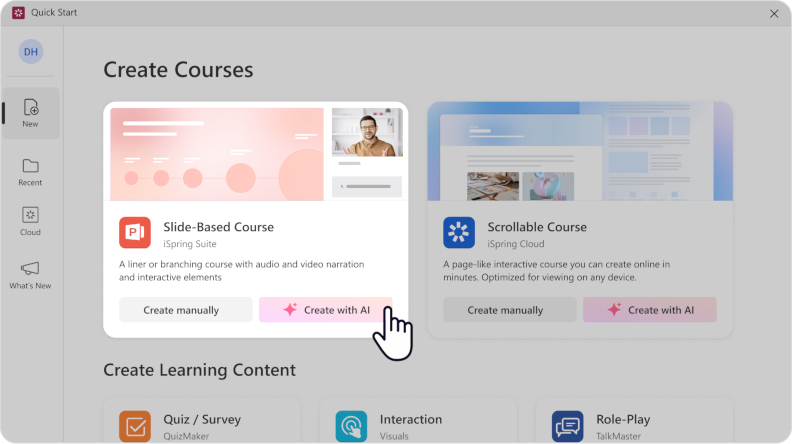 Creating a new course in iSpring Suite