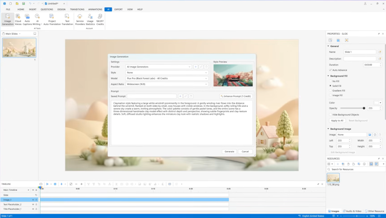 ActivePresenter course editor showing AI image generation settings and slide timeline
