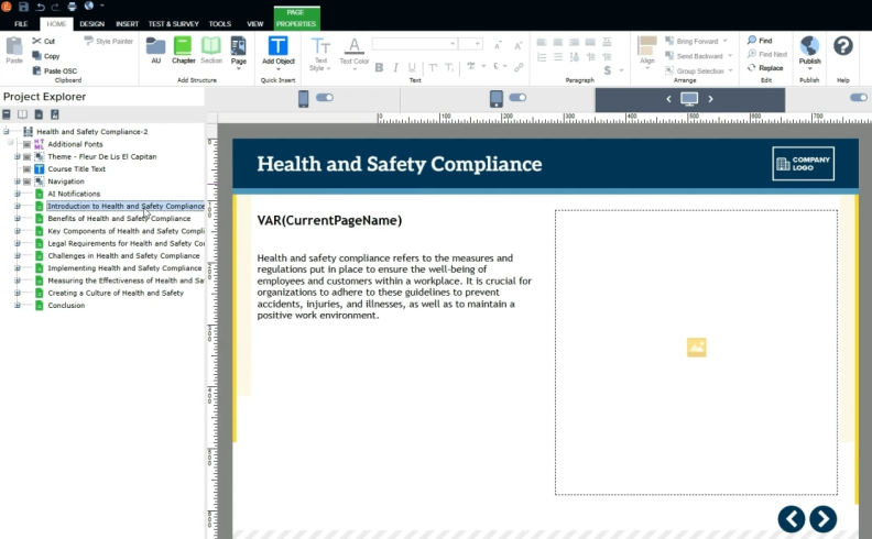 Lectora authoring interface showing a health and safety compliance course