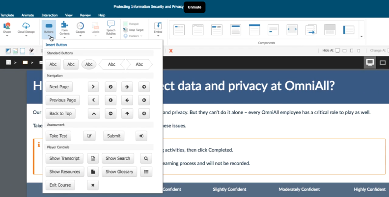 dominKnow ONE authoring interface showing button controls for an interactive course