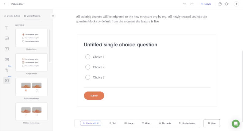 Easygenerator course editor showing multiple-choice question templates and a quiz