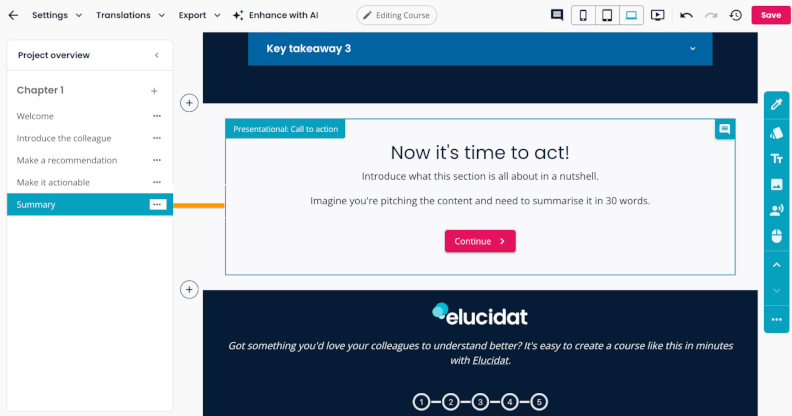 Elucidat Create course editor showing a call-to-action page and project navigation