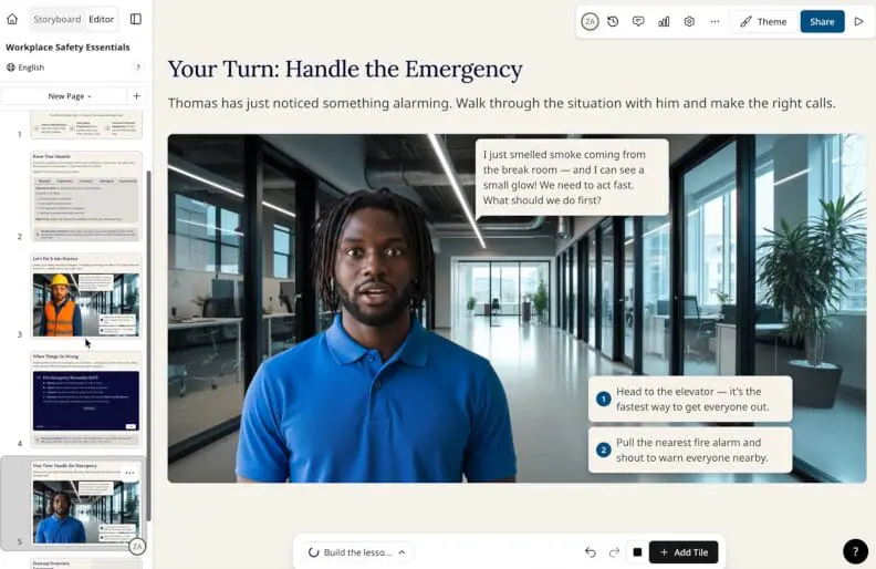 Mindsmith course editor showing an interactive workplace safety training scenario