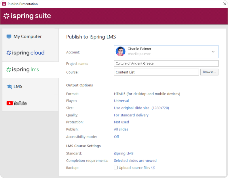 Publish eLearning materials directly from your PowerPoint to iSpring LMS