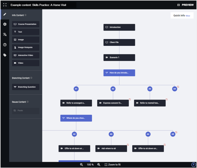 H5P Branching Scenario editor showing a learning scenario with multiple decision paths