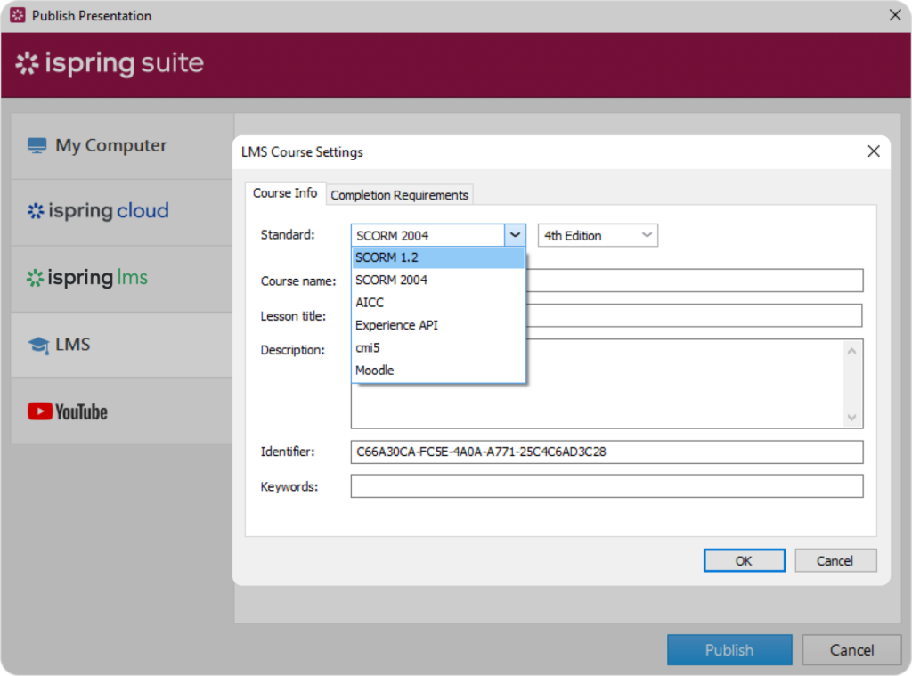 Selecting a SCORM standard in iSpring Suite
