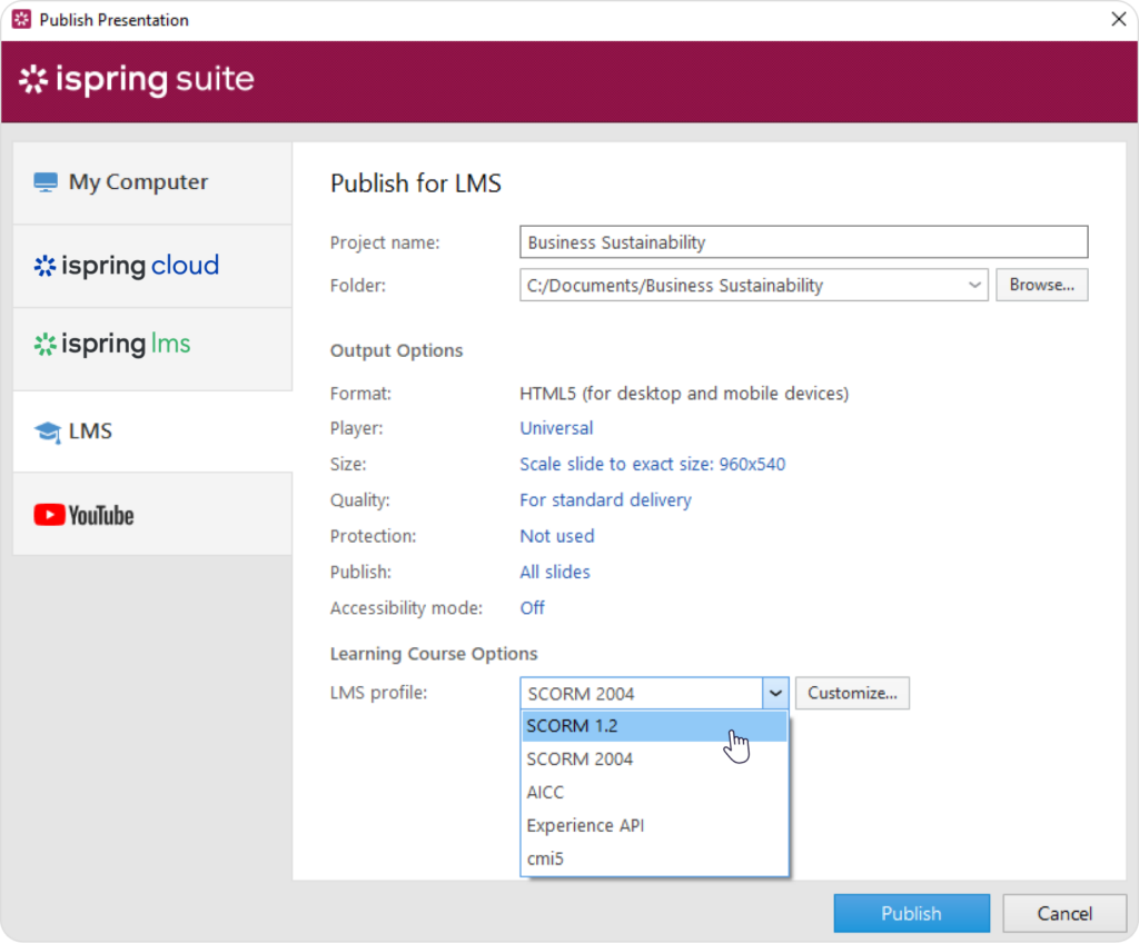 Publishing a training manual as a SCORM course
