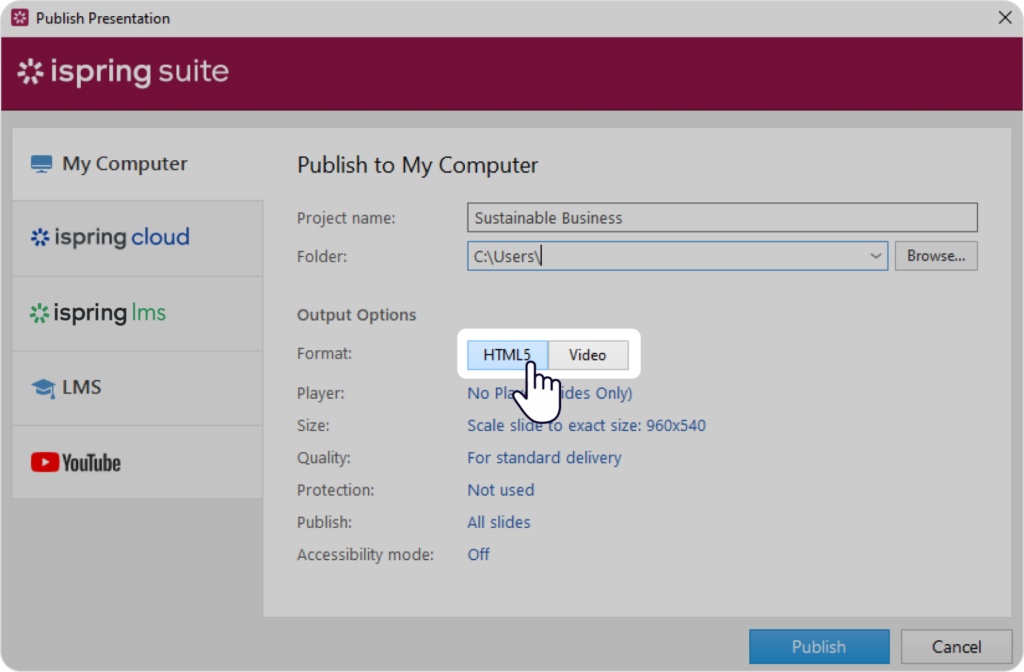Selecting HTML5 as the course publishing format