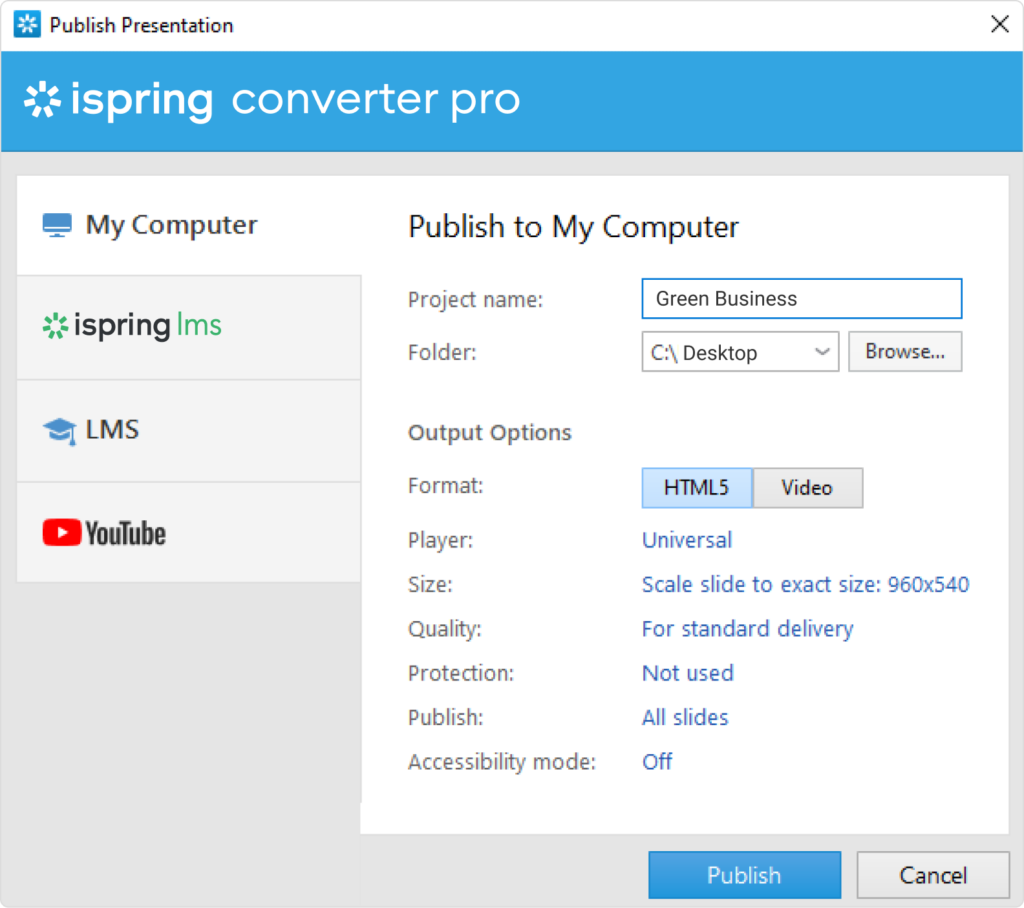 Publishing a presentation as HTML5 with iSpring Converter Pro