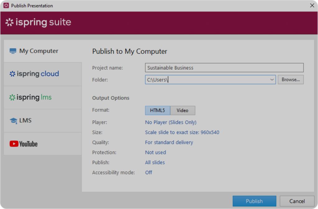 iSpring Suite settings for publishing a course to a computer