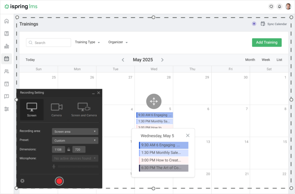 Recording a screencast of the iSpring LMS training calendar