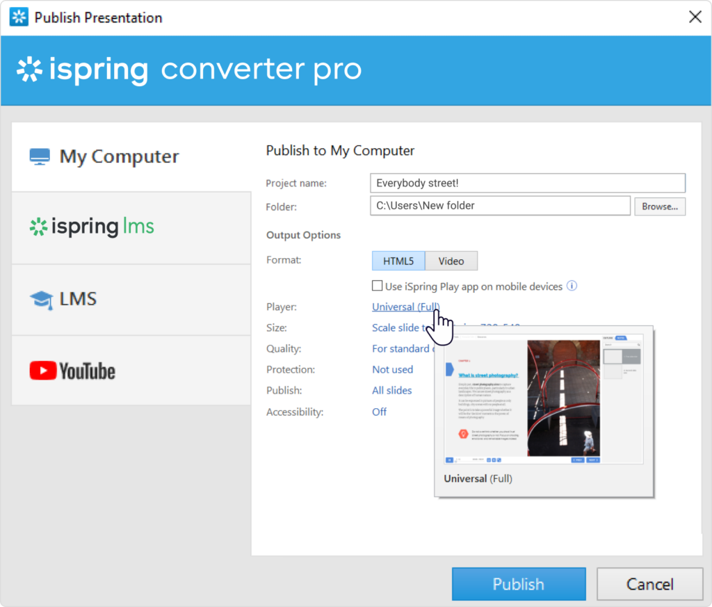 Selecting the Universal player for an HTML5 presentation in iSpring Converter Pro