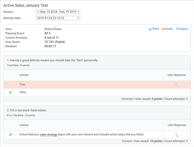 Analysis of answers in iSpring Learn LMS Attempts and Answer Breakdown Report