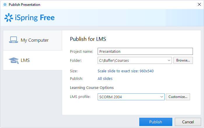 Publishing a course from iSpring Free to an LMS