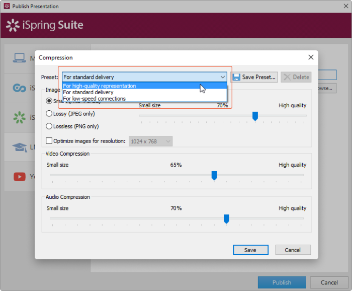 iSpring Suite quality options Convert MP4 to a SCORM format