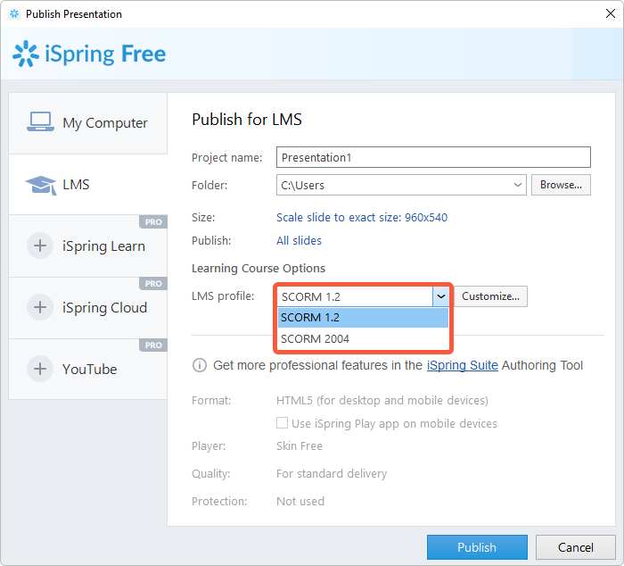 iSpring Free publishing options