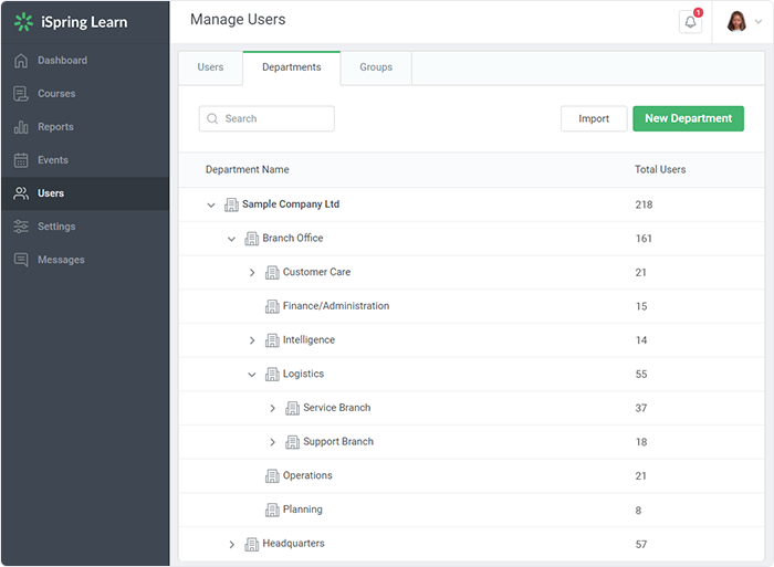 Departments in iSpring Learn Departments in iSpring Learn