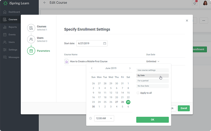 Assignment scheduling in iSpring Learn