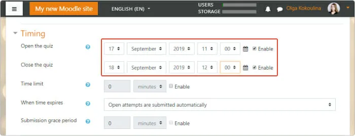 Define assessment period in the Timing settings