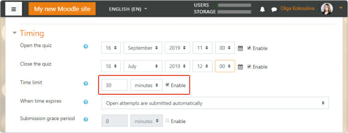 Set a time limit for taking a quiz in Moodle