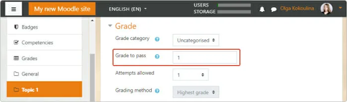 Passing grade in a Moodle quiz Define a minimal passing grade