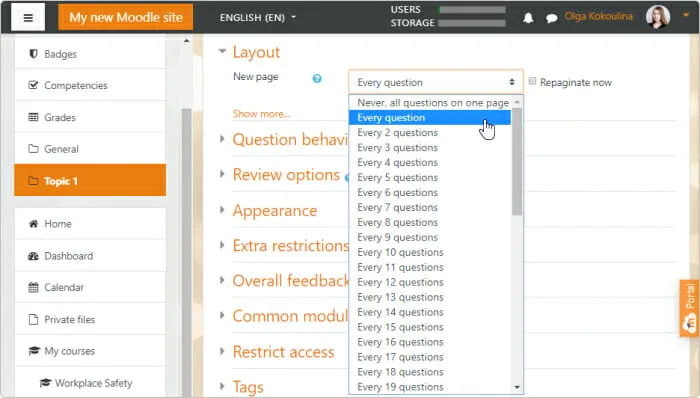 Moodle quiz layout Place each question on a new page or all questions on one