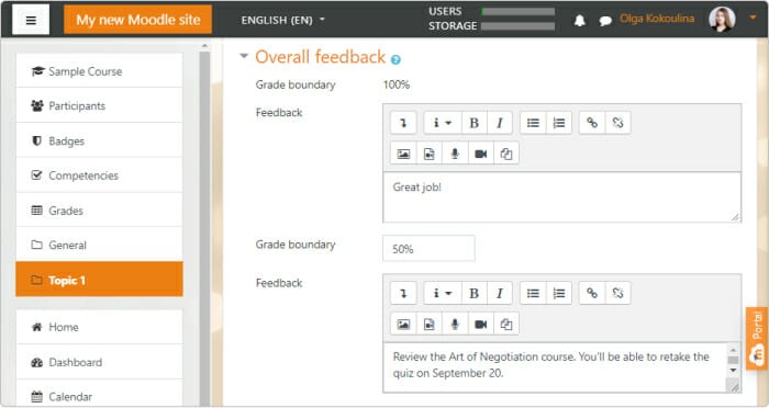 Provide learners with a customized feedback message