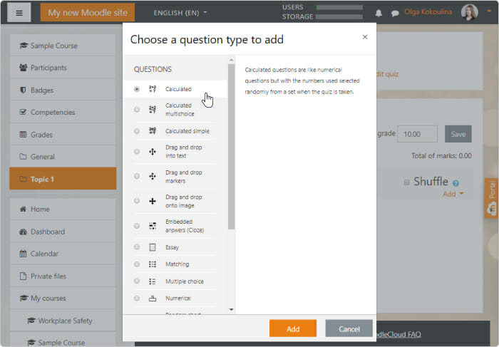 Types of question in Moodle Cloud