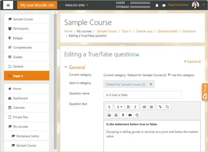 Adding a True/False question in Moodle