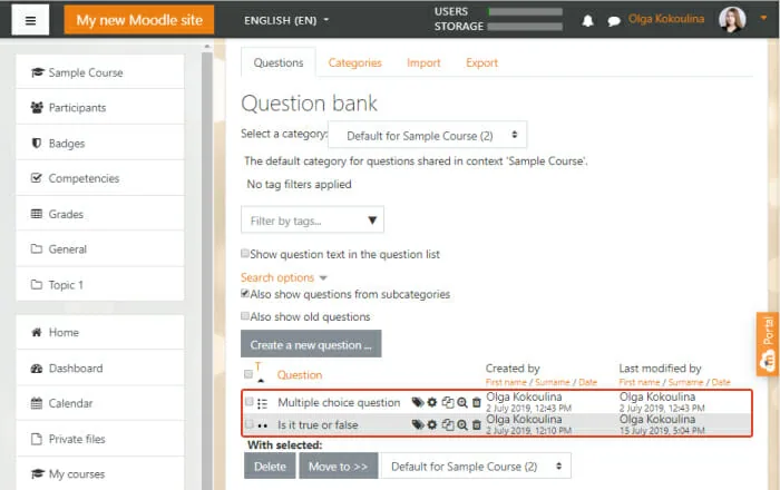 Working with a question bank in Moodle