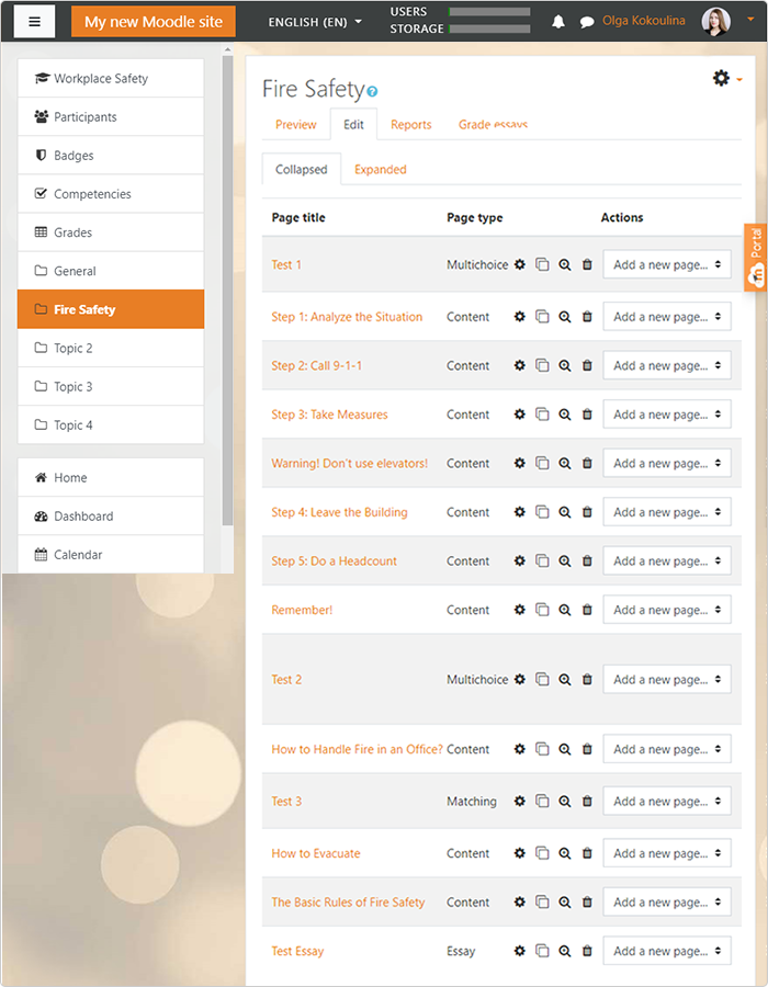 The structure of a sample course for Moodle