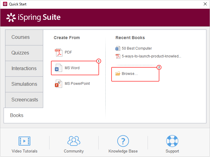 iSpring Suite Books tab iSpring Suite Books toolbar