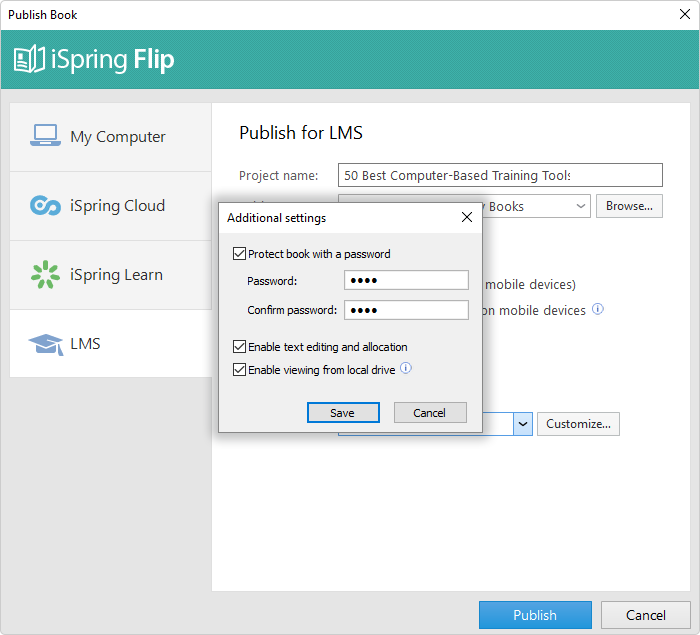 iSpring Suite publishing settings