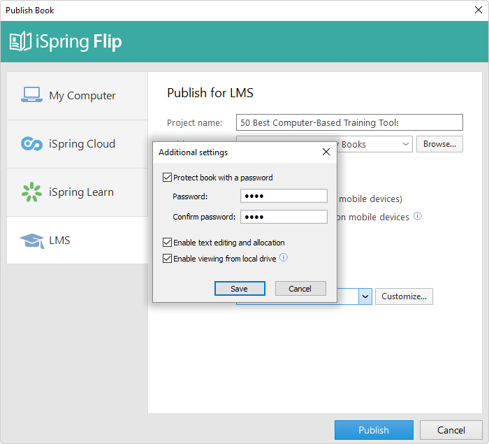 iSpring Suite publishing options iSpring Suite publishing settings