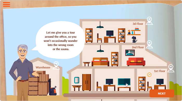 An interactive office map in an onboarding course An onboarding e-course
