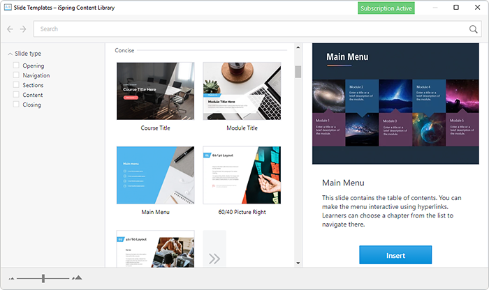 Slide templates in the iSpring Suite content library Template library for e-courses in iSpring Suite