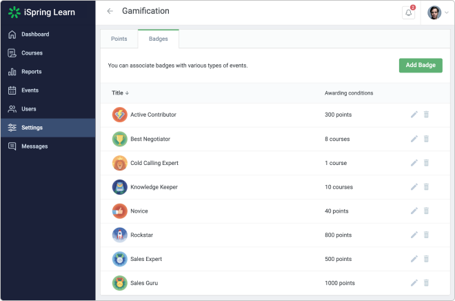 Badges in iSpring Learn LMS Gamification in iSpring Learn LMS