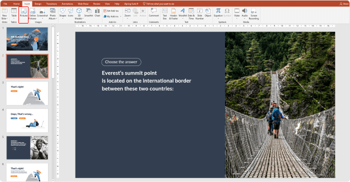 Creating the question slide in PowerPoint