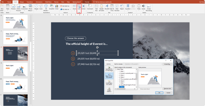 Adding navigation to the quiz in PowerPoint