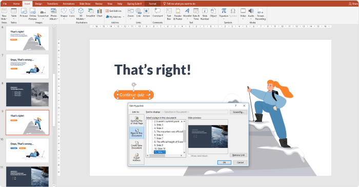 Adding navigation to the quiz in PowerPoint 2