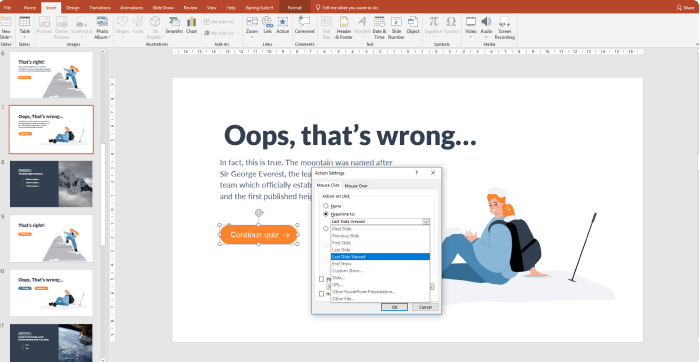 Adding navigation to the quiz in PowerPoint 3