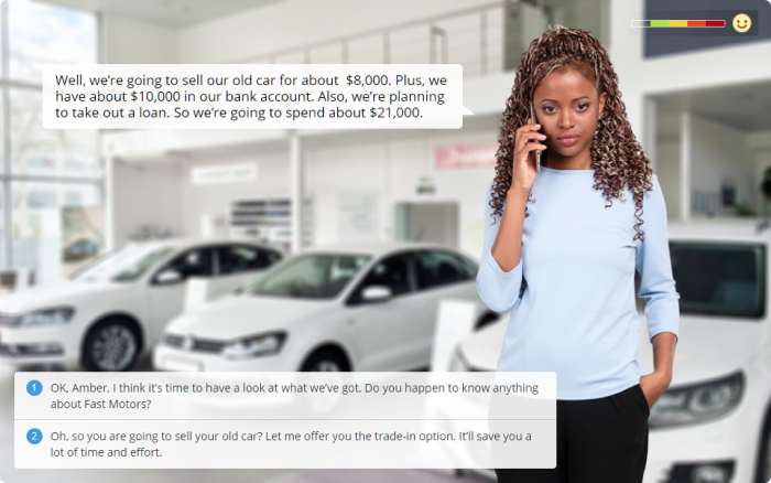 Screenshot of a customer service dialogue simulation showing character interactions and response options